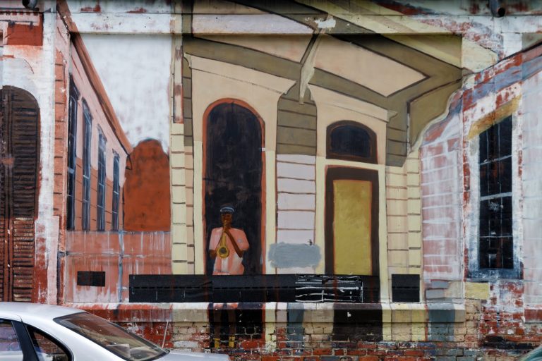 Peinture en trompe-l’œil avec musicien de jazz à la Nouvelle-Orléans